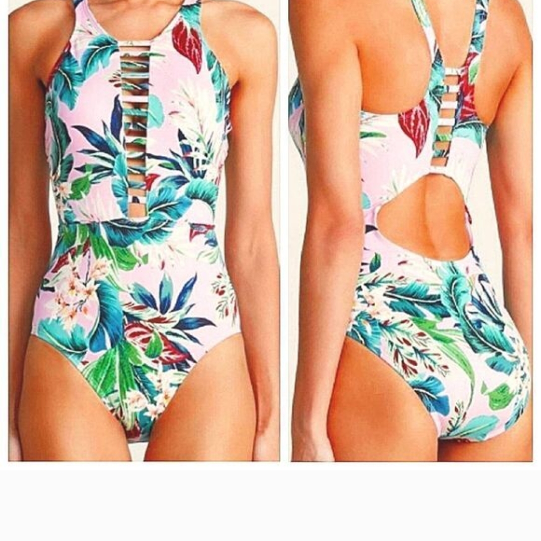 Miraclesuit "Leah" Pink One Piece With Tropical Print, Ladder Detailing Xl